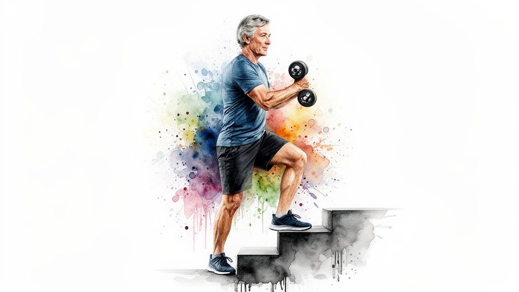 An older man with gray hair exercising, doing step-ups with dumbbells against a colorful watercolor background.