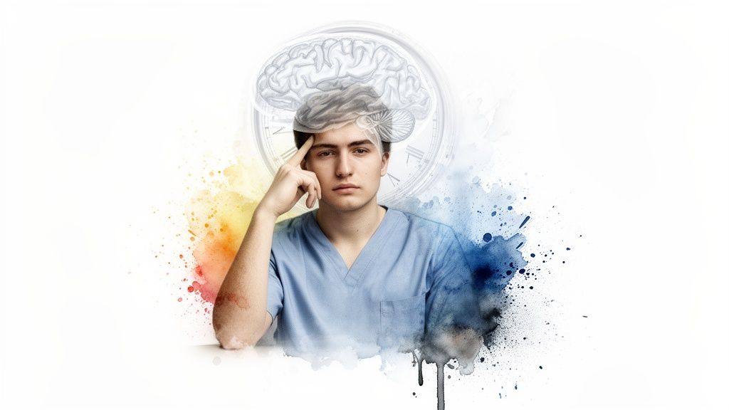A thoughtful young man in scrubs with a brain and clock overlay, surrounded by watercolor splashes.