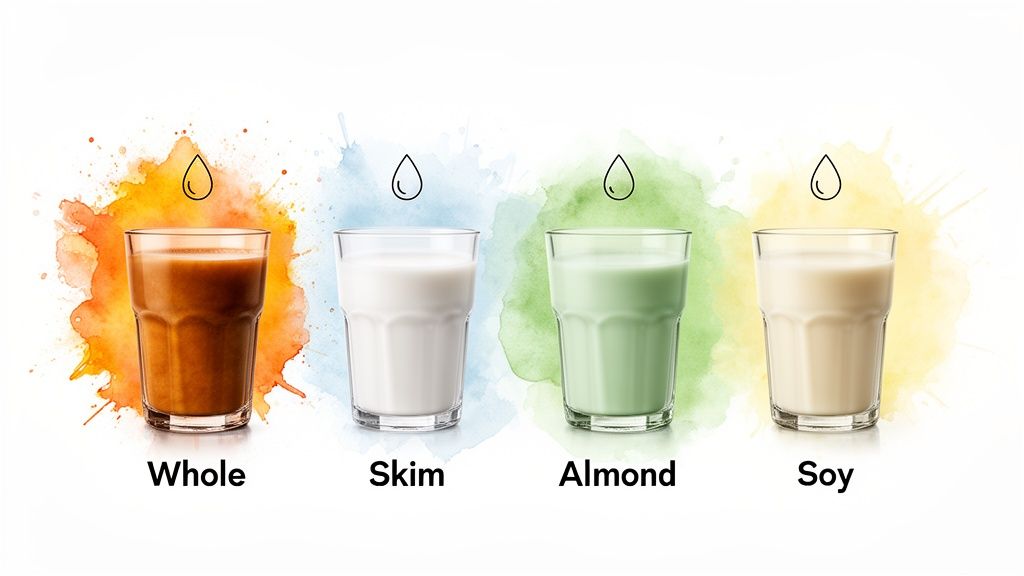 Four glasses display different milk types: whole, skim, almond, and soy, on colorful watercolor backgrounds.