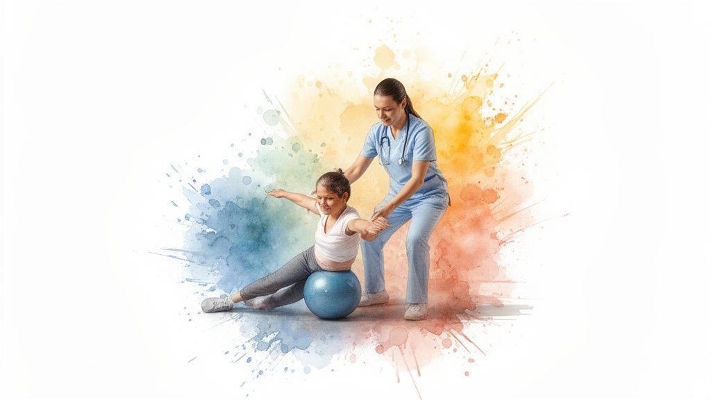 Young girl receiving physical therapy from a female therapist using a blue exercise ball.