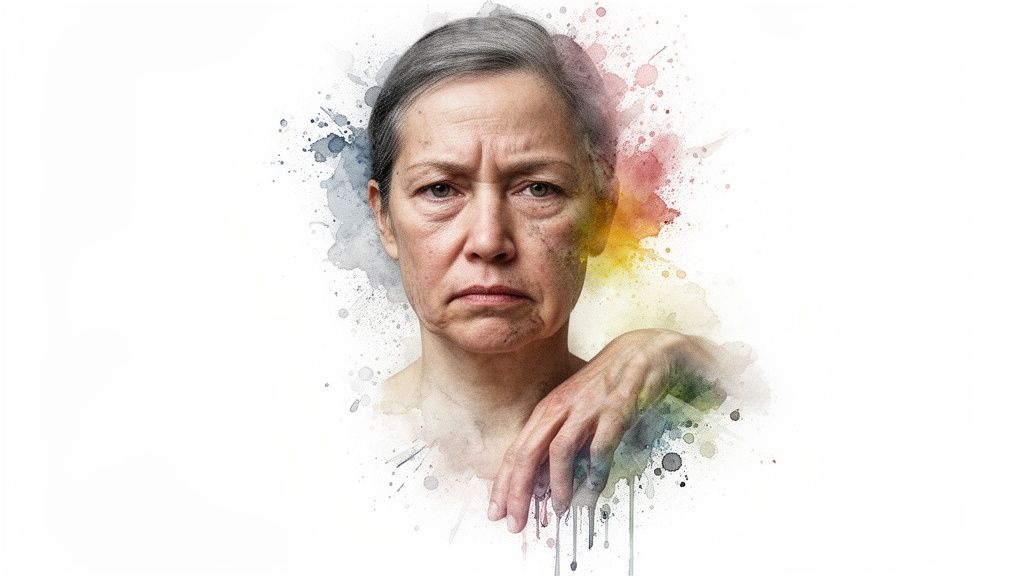 A watercolor portrait of an older woman with a worried expression and grey hair.