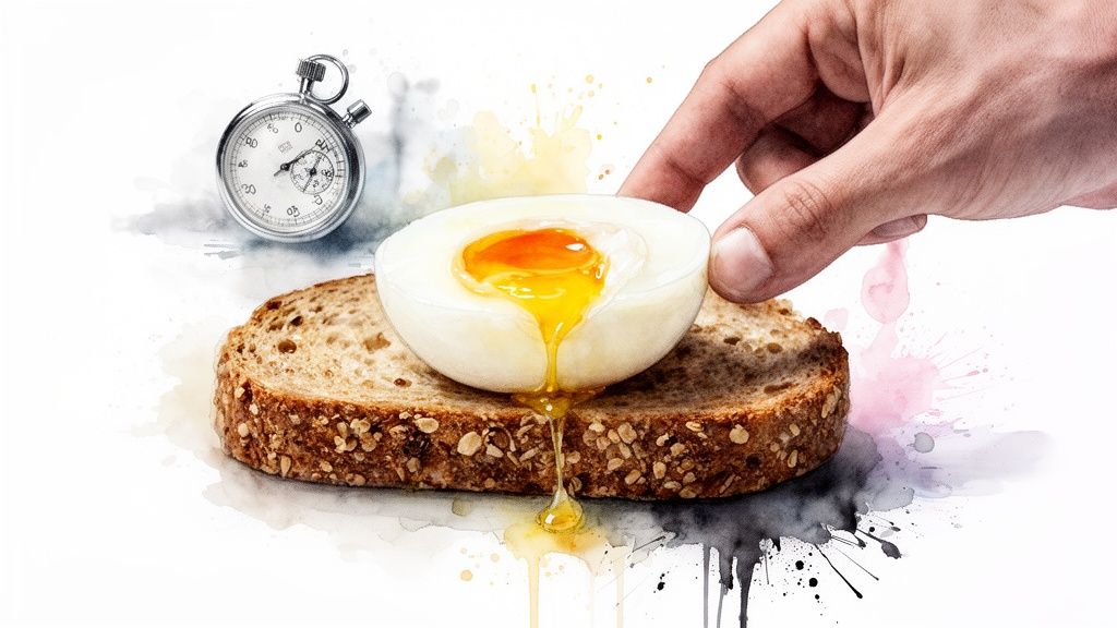 A hand holding a soft-boiled egg with a runny yolk on whole-grain toast, next to a stopwatch.