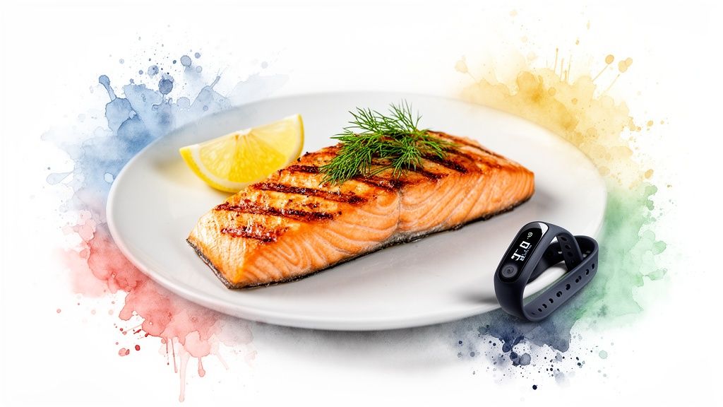A plate of grilled salmon with lemon and dill next to a black fitness tracker.