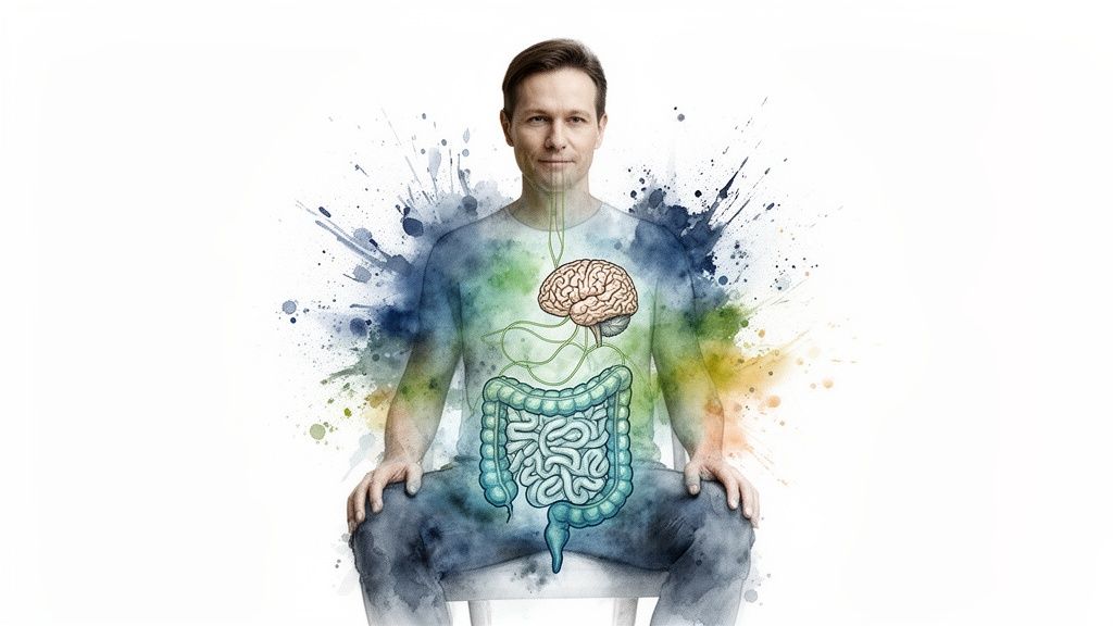A man with transparent torso revealing brain and gut connected by nerves, surrounded by watercolor splashes.