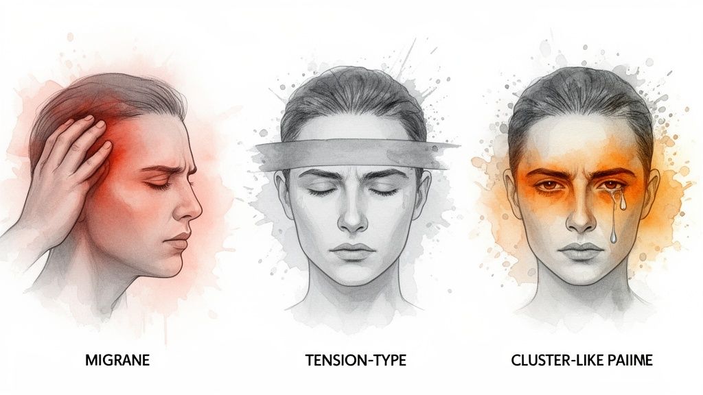 Three illustrations depict different headache types: migraine, tension-type, and cluster-like pain, showing their distinct locations.
