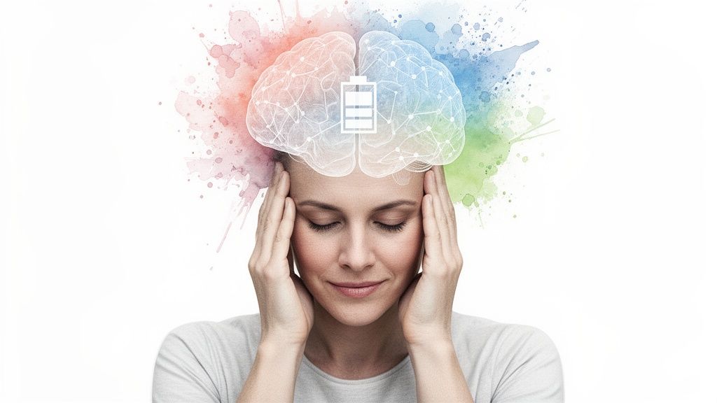 Woman with closed eyes, hands on temples, with a glowing brain and full battery icon above, symbolizing mental energy.