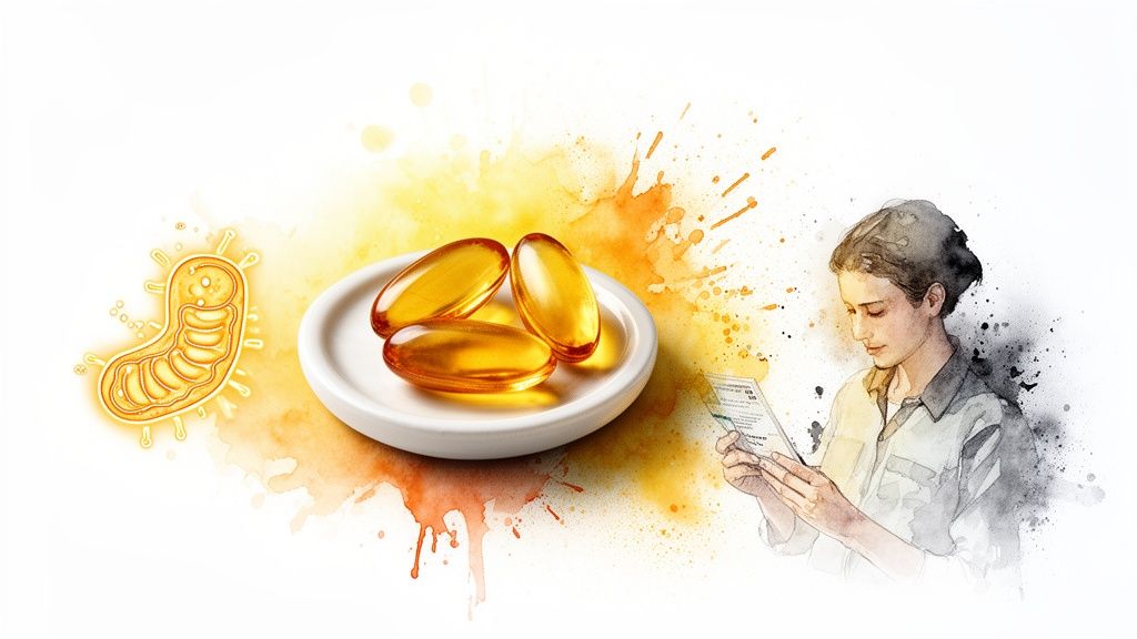 An illustration featuring mitochondria, golden supplement pills, and a woman studying health information.