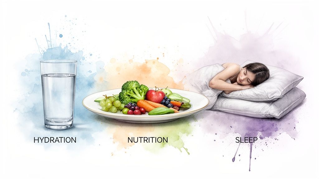 Illustration depicting three essential health pillars: hydration with water, nutrition with fresh food, and restful sleep.