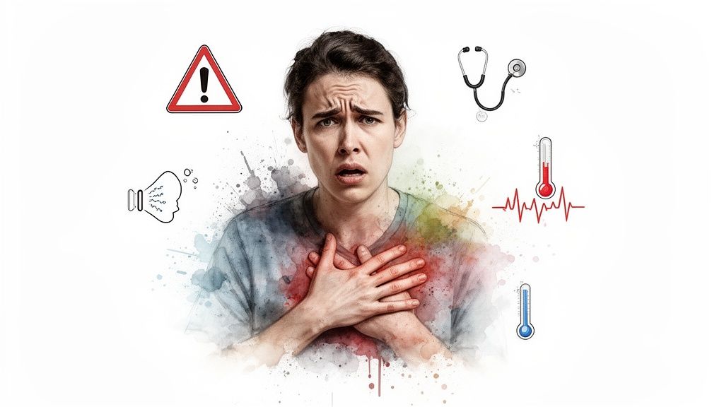 A distressed person clutching their chest, surrounded by icons of medical symptoms like a warning sign, stethoscope, and thermometers.