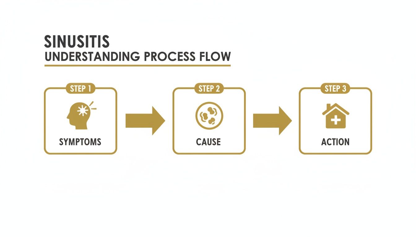 A three-step process flow diagram explaining sinusitis, showing symptoms, cause, and action with icons.