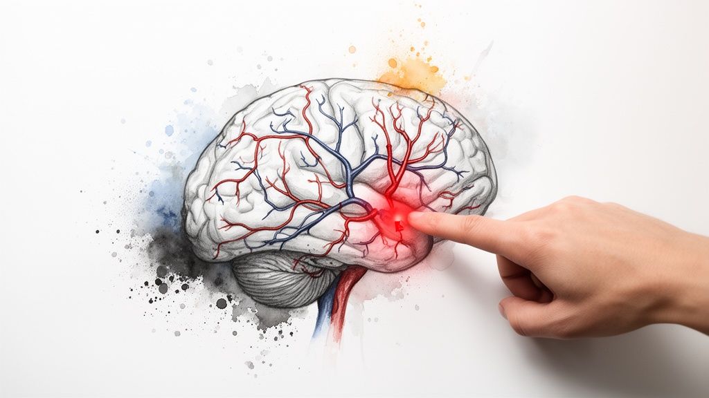 Detailed illustration of a human brain with vessels, a finger points to a painful red spot.