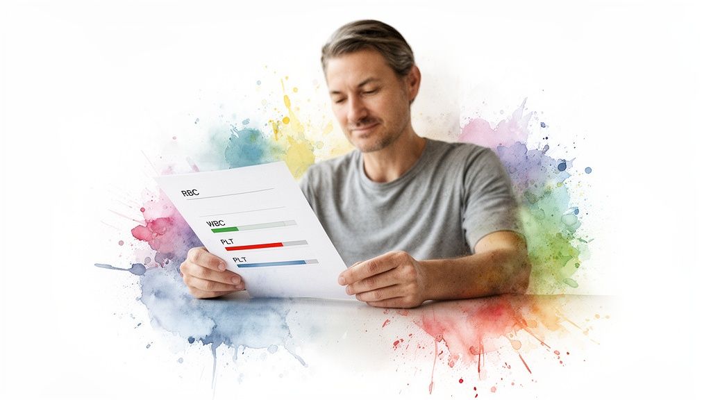 A man reviews his blood test results showing RBC, WBC, and PLT levels, surrounded by watercolor art.