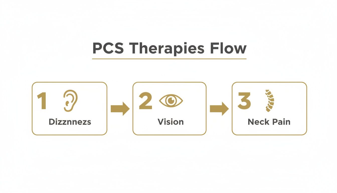 Flowchart showing Post Concussion Syndrome (PCS) therapies: Dizziness, Vision, and Neck Pain treatment steps.