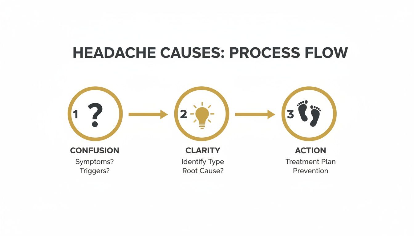 Infographic showing a three-step process for headache causes: confusion, clarity, and action plan.