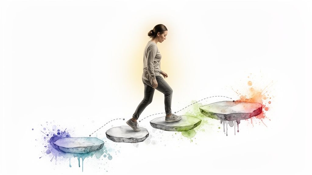 A person walks up a path of four colorful watercolor stepping stones, representing a journey of progress.