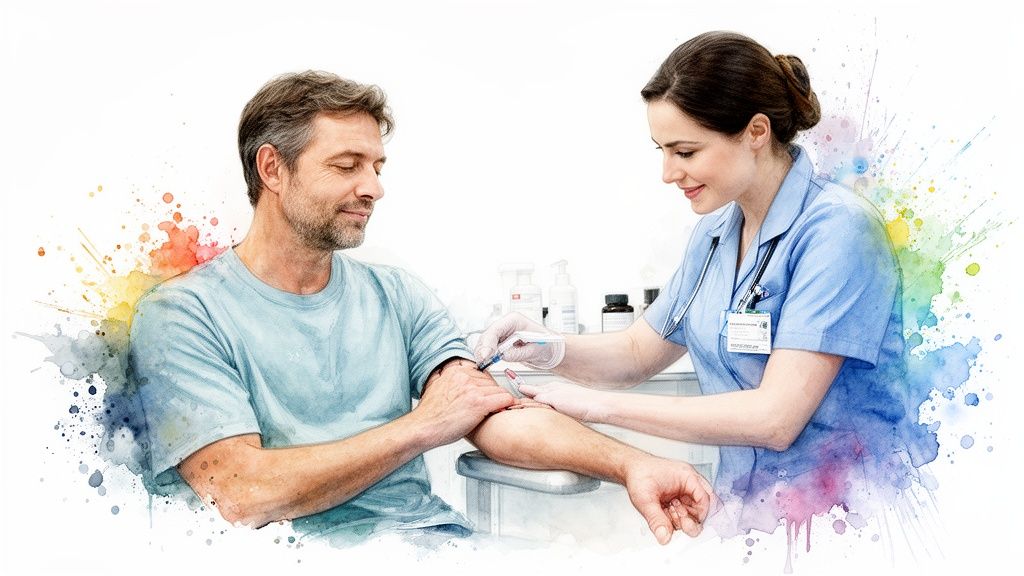 A smiling nurse in blue scrubs giving a man an injection or drawing blood from his arm, with colorful watercolor splashes.