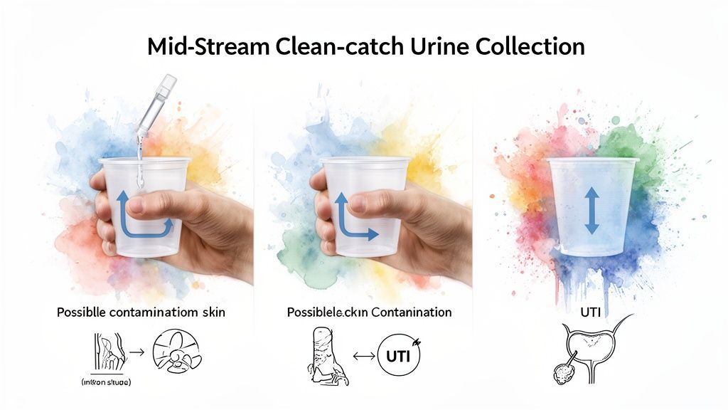 Diagram showing mid-stream clean-catch urine collection, highlighting potential skin contamination and UTI risks.