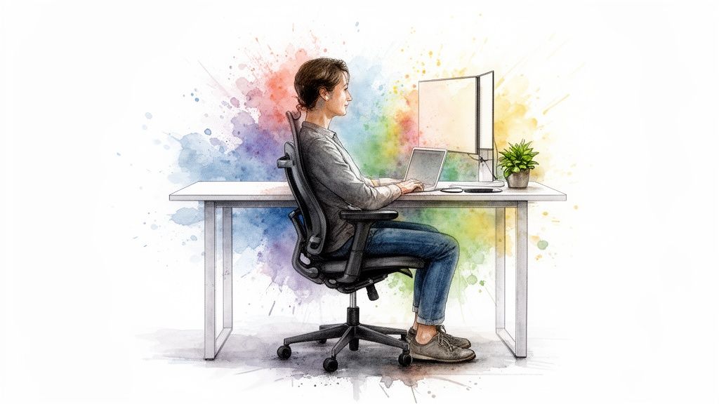 A person sits at a desk with a laptop and dual monitors, maintaining good posture amidst colorful watercolor splashes.