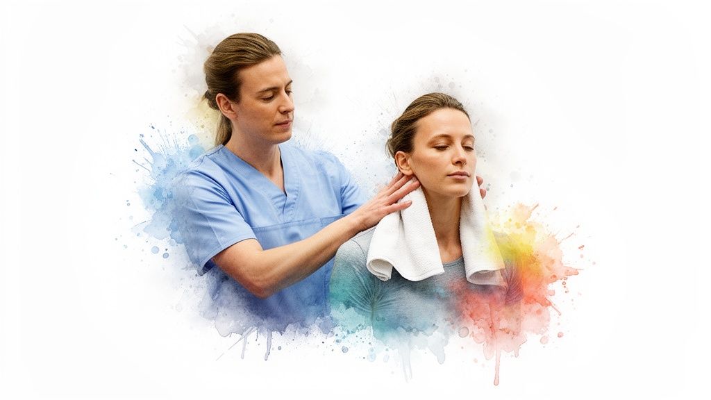 A healthcare professional in blue scrubs gently massages a woman's neck, who has a white towel.