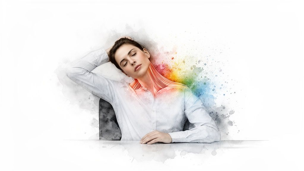Woman stretching her neck, illustrating muscle relief with colorful watercolor splashes.