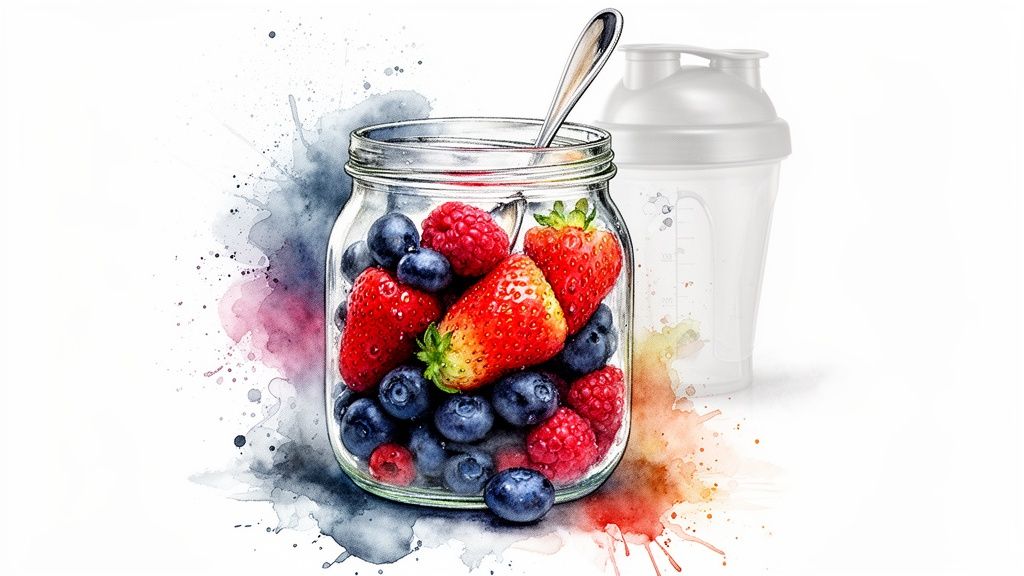 A glass jar full of fresh strawberries, blueberries, and raspberries, with a spoon and a protein shaker.