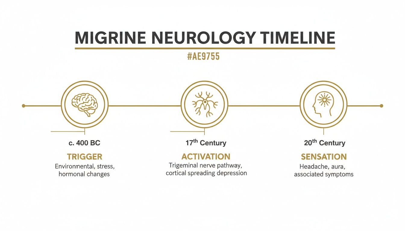 A timeline illustrating the historical understanding of migraine triggers, activation, and symptoms.