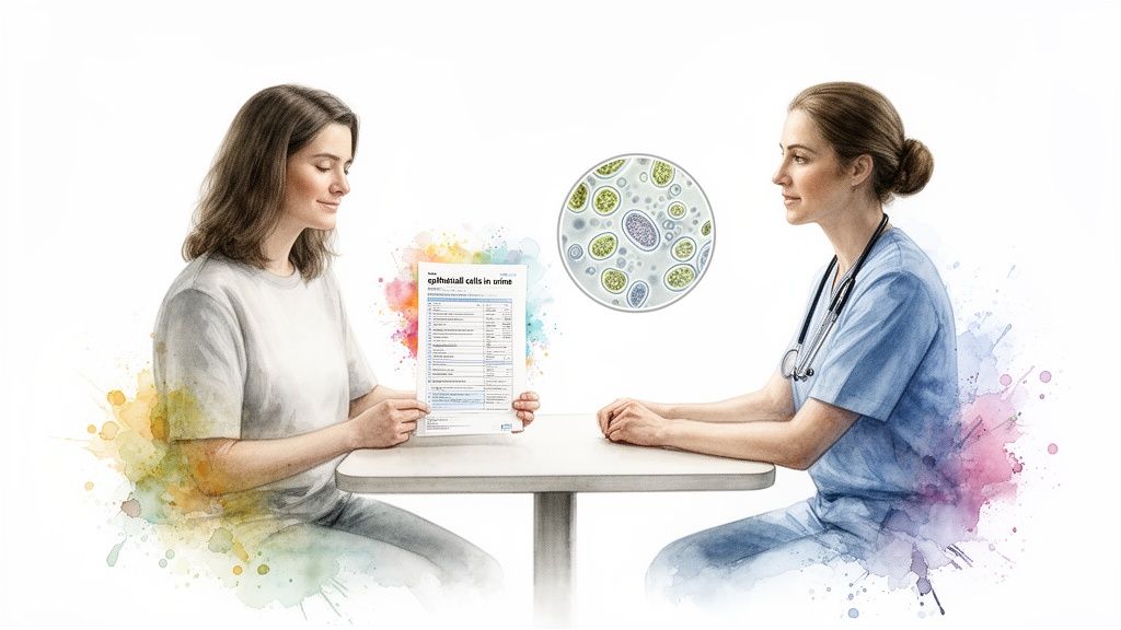 Patient reviewing urine test results with a healthcare professional, showing epithelial cells under a microscope.