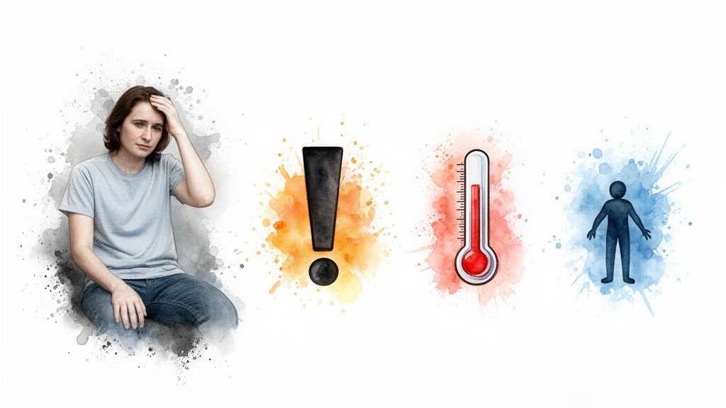 Watercolor image depicting a distressed person, warning sign, fever thermometer, and a human silhouette.