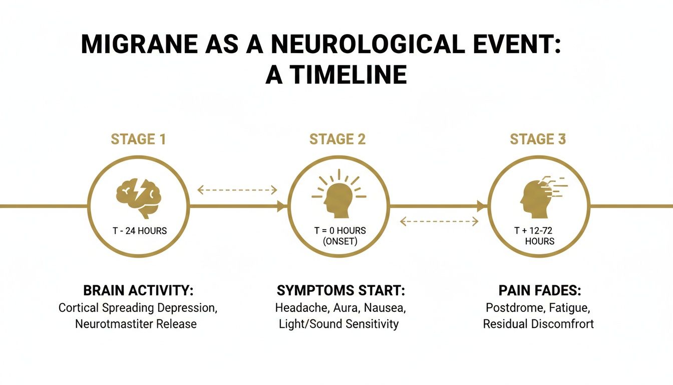 A timeline infographic illustrating the three stages of a migraine, from pre-headache to pain fading.