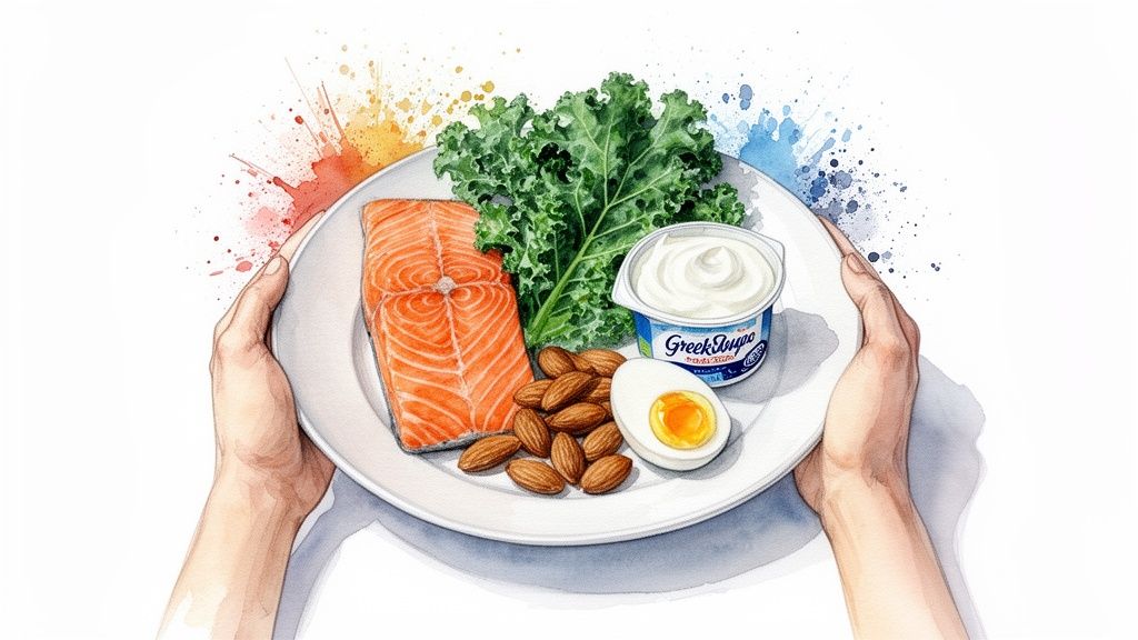 Hands holding a plate with a healthy meal including salmon, kale, almonds, Greek yogurt, and a boiled egg.