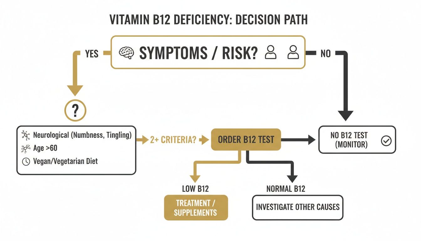 Decision path flowchart for Vitamin B12 deficiency, outlining symptoms, risk factors, testing, and treatment.