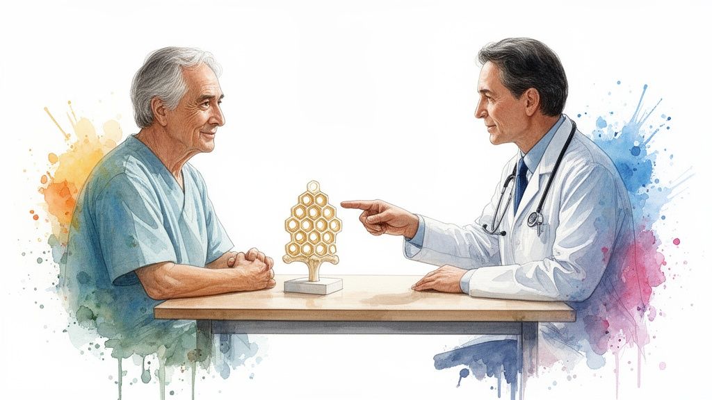 Watercolor illustration of a doctor explaining a honeycomb bone model to an older patient.