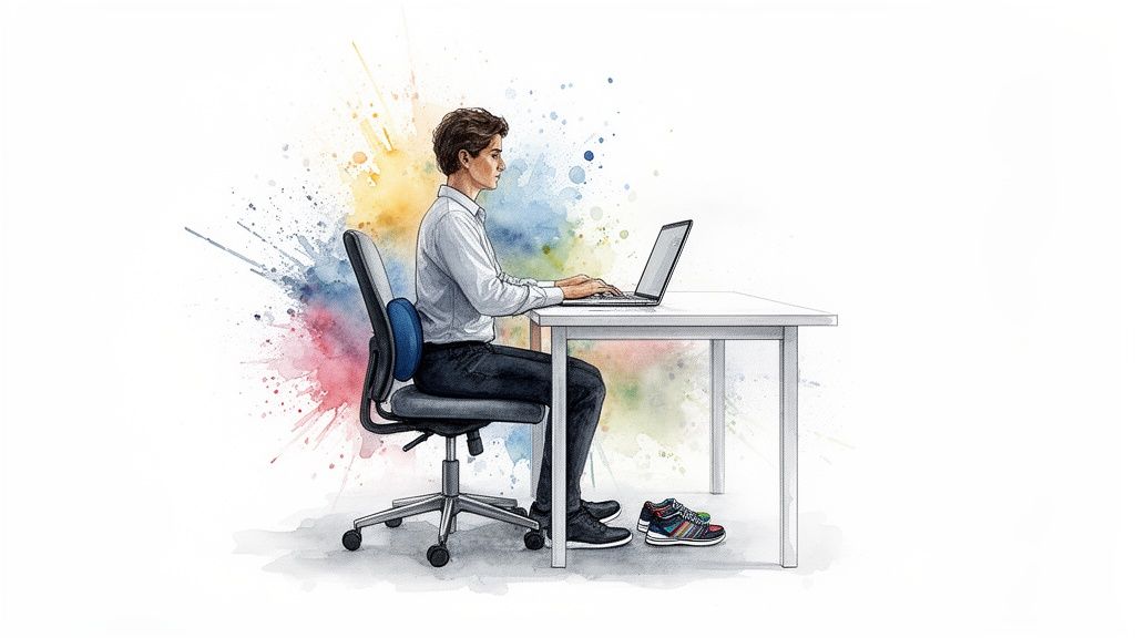 A person with good ergonomic posture uses a laptop at a desk with lumbar support.