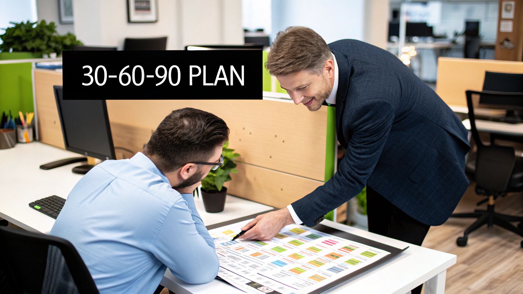 A detailed infographic illustrating the goals and focus areas for each phase of a 30-60-90 day onboarding plan. The '30-Day Focus' includes Learning and Observation. The '60-Day Focus' highlights Contributing and Taking Initiative. The '90-Day Focus' emphasizes Owning Projects and Providing Insights.