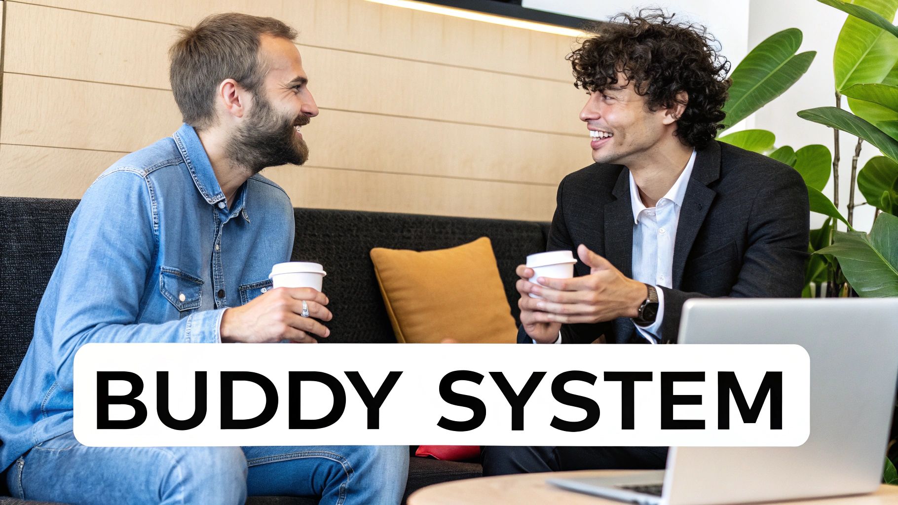 A mentor guiding a new employee at a desk, illustrating a supportive buddy system in a modern office environment.