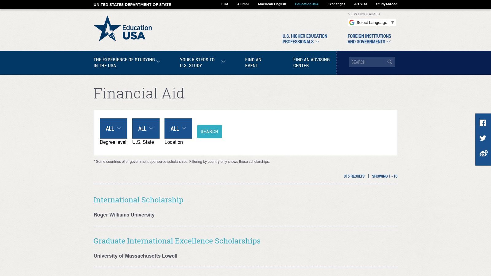 EducationUSA – Financial Aid database