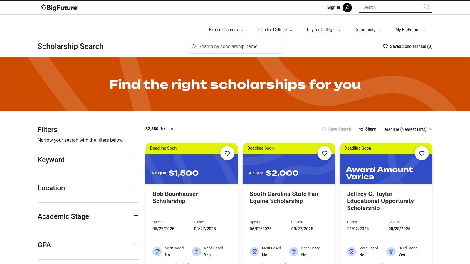 College Board BigFuture – Scholarship Search