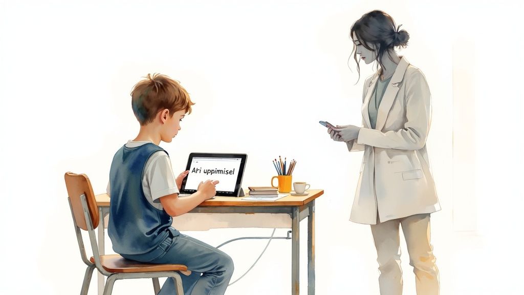 Noorem poiss õpib tahvelarvutiga, samal ajal kui õpetaja või lapsevanem seisab tema kõrval.