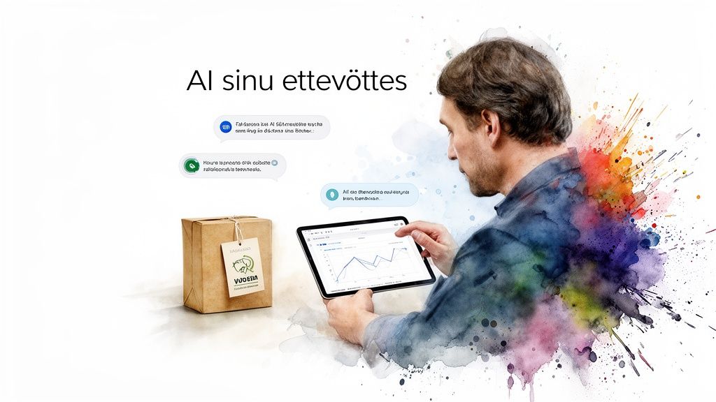 Mees kasutab tahvelarvutit ärianalüüsiks, sümboliseerides AI integreerimist ettevõtlusesse. Kõrval pakk.