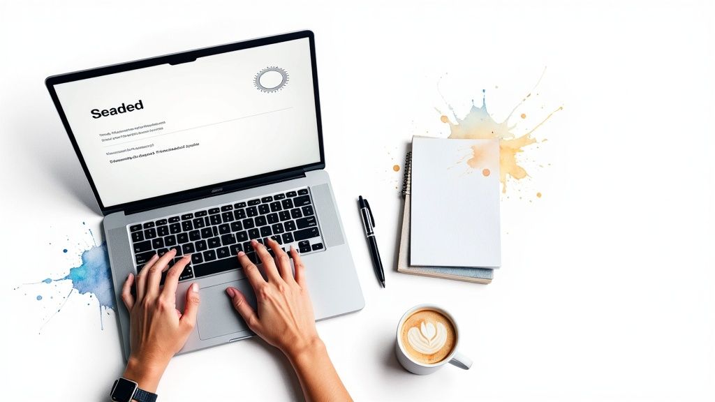 Töölaud ülaltvaates sülearvuti, käte, märkmike, kohvitassi ja pliiatsiga valgel taustal, akvarellipritsmetega.