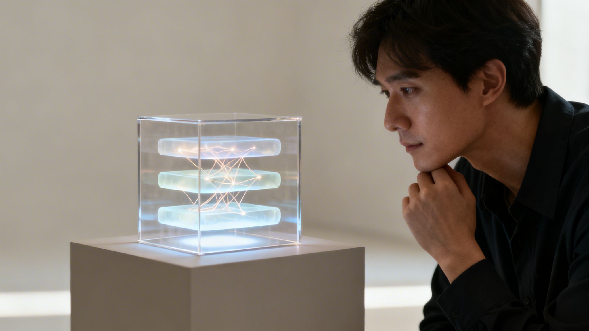 Mees vaatab läbipaistvat kuubikut, milles on helendavad kihid ja ühendused, mis sümboliseerivad tehisintellekti.