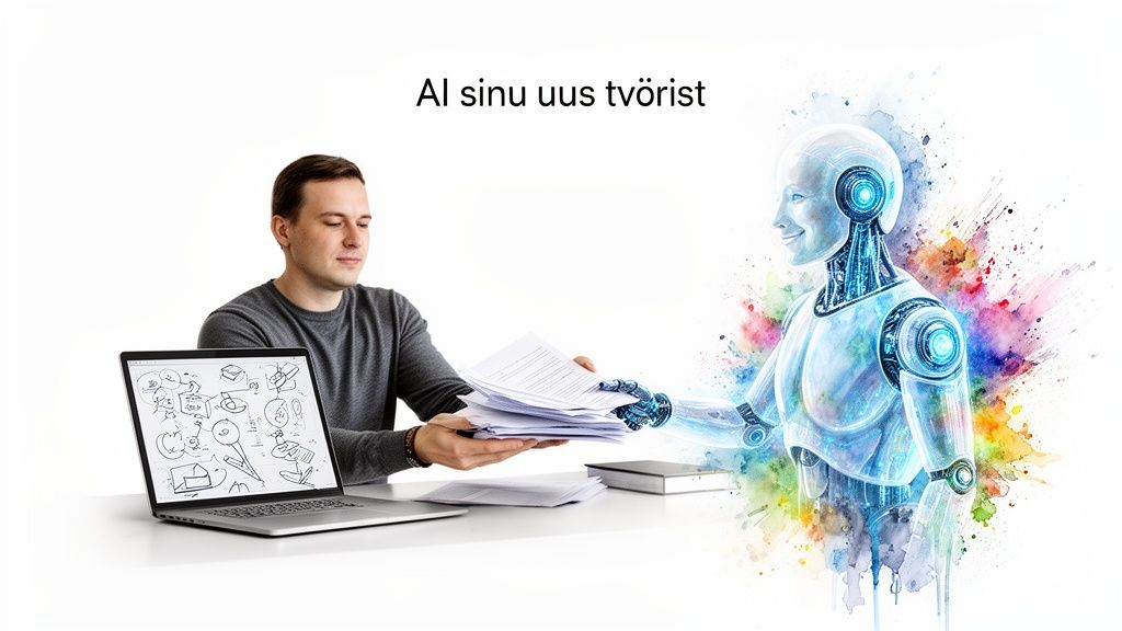 Mees annab dokumendid robotile, sümboliseerides AI-d kui uut tööriista ja tööjõudu.