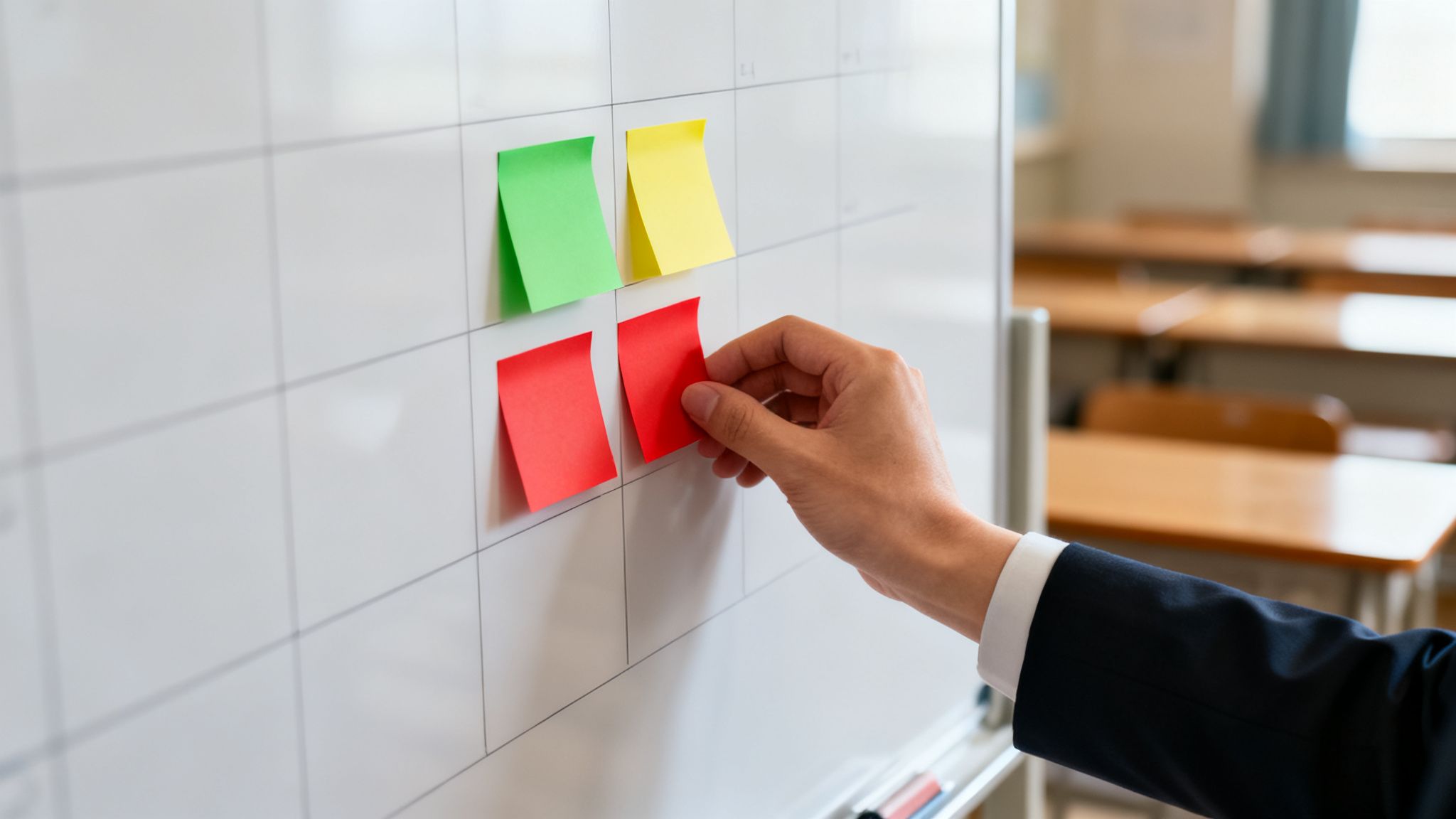 Käsi asetab tahvlile värvilisi märkmepabereid klassiruumis.
