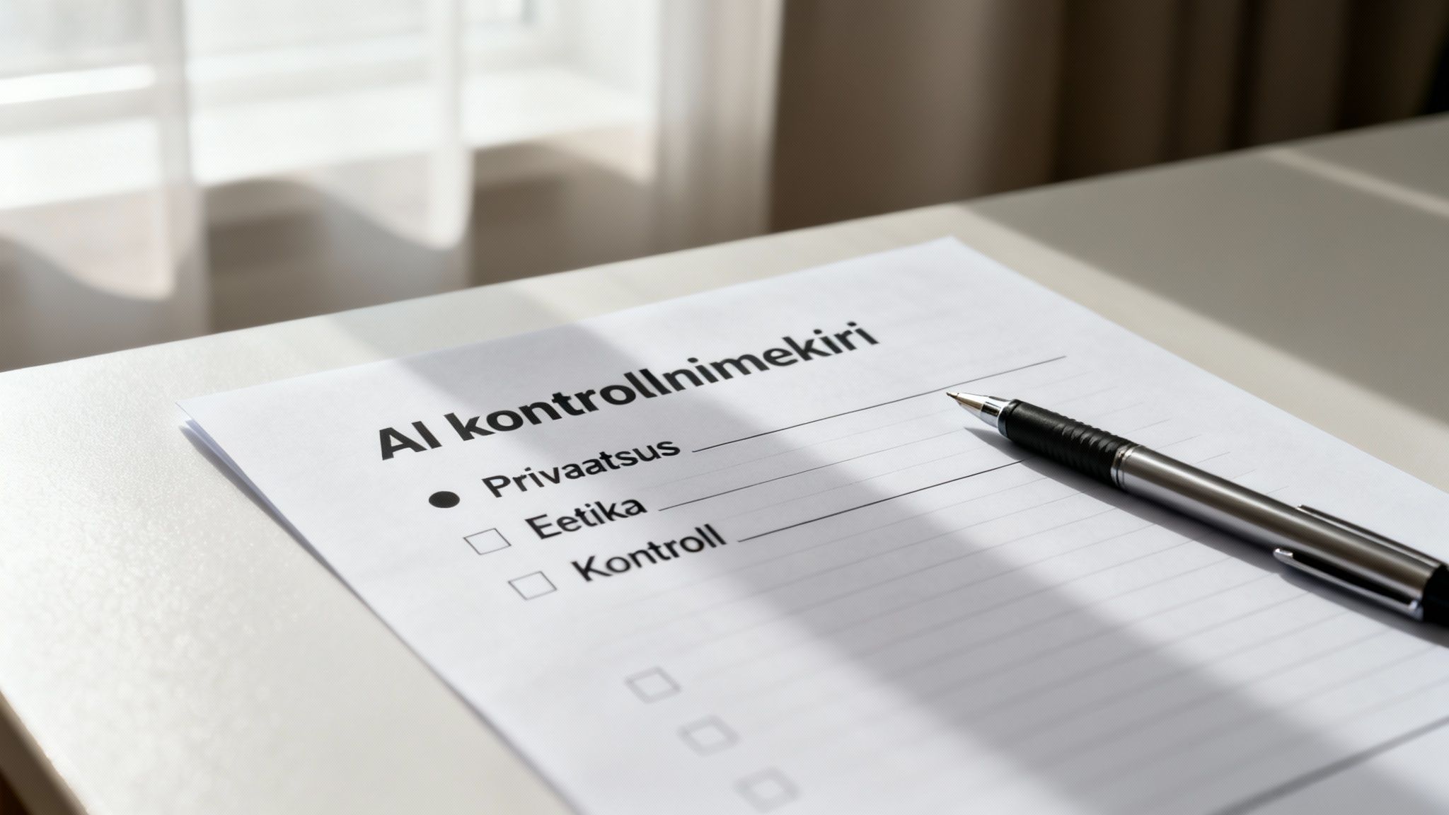 Dokument pealkirjaga AI kontrollnimekiri laual, üks punkt (Privaatsus) märgitud, pliiats kõrval.