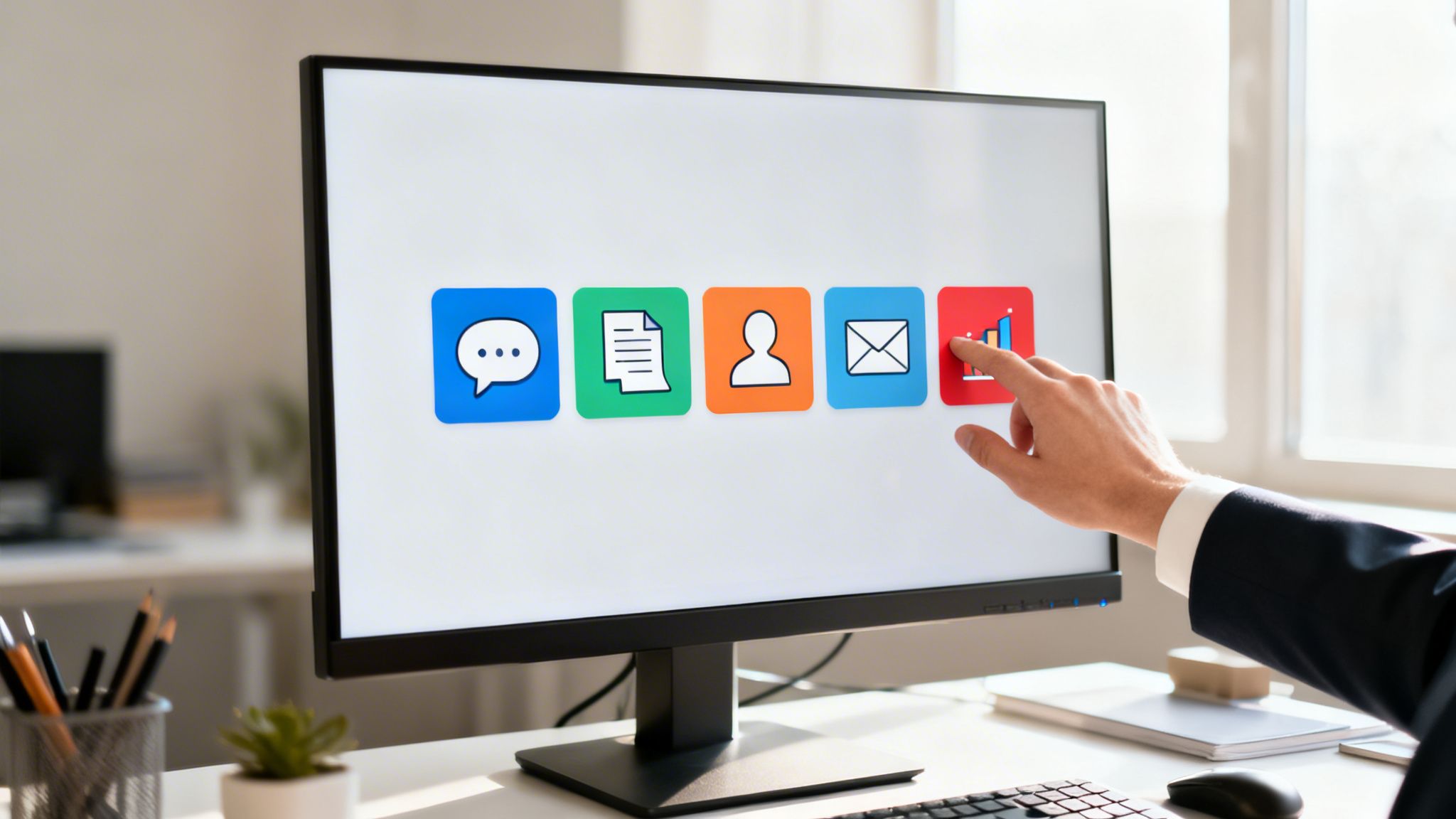 Käsi viitab ekraani ikoonidele, mis esindavad tööl automatiseerimist
