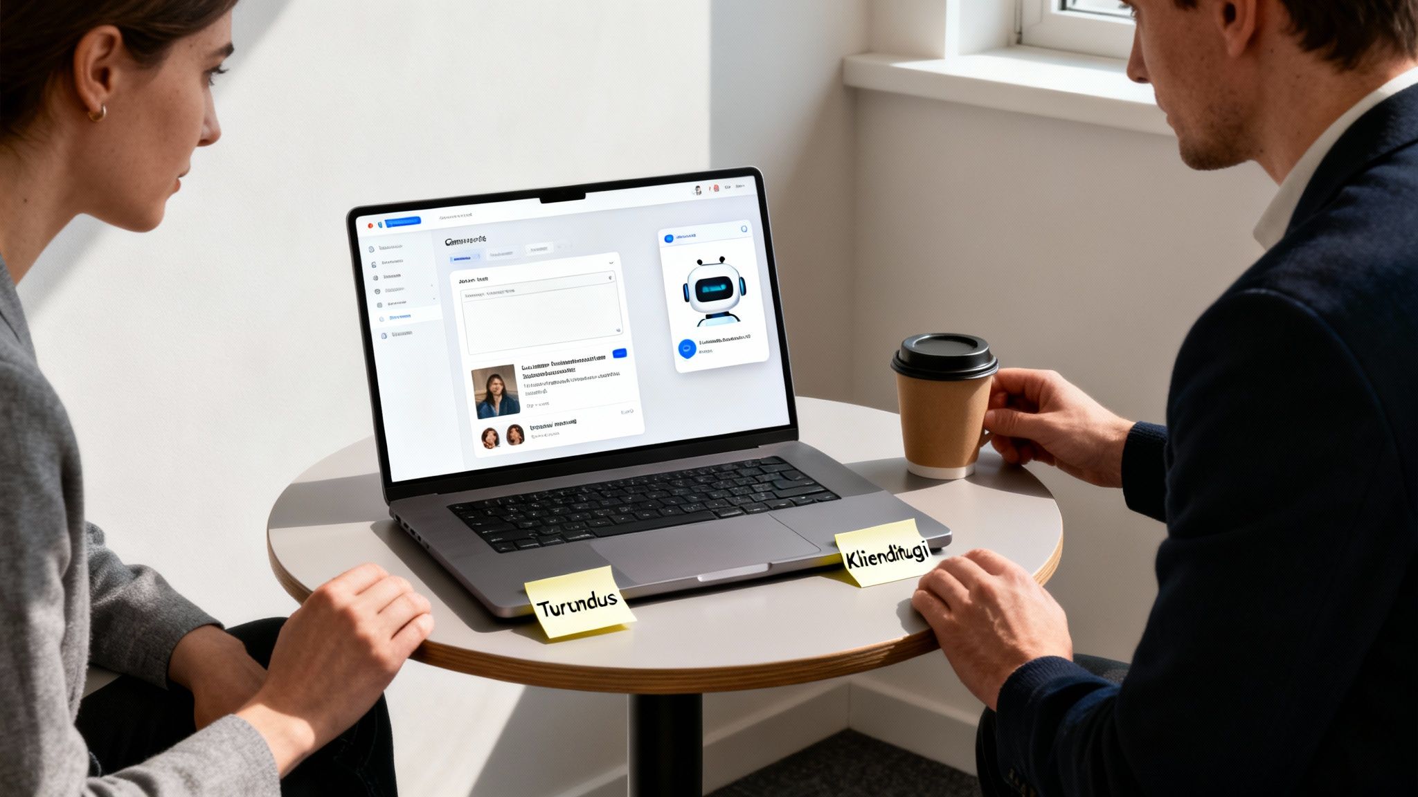 Kaks inimest vaatavad sülearvutit tehisintellektiga toetatud meeskonnatöö tööriistaga. Laual on ka kohvitops.