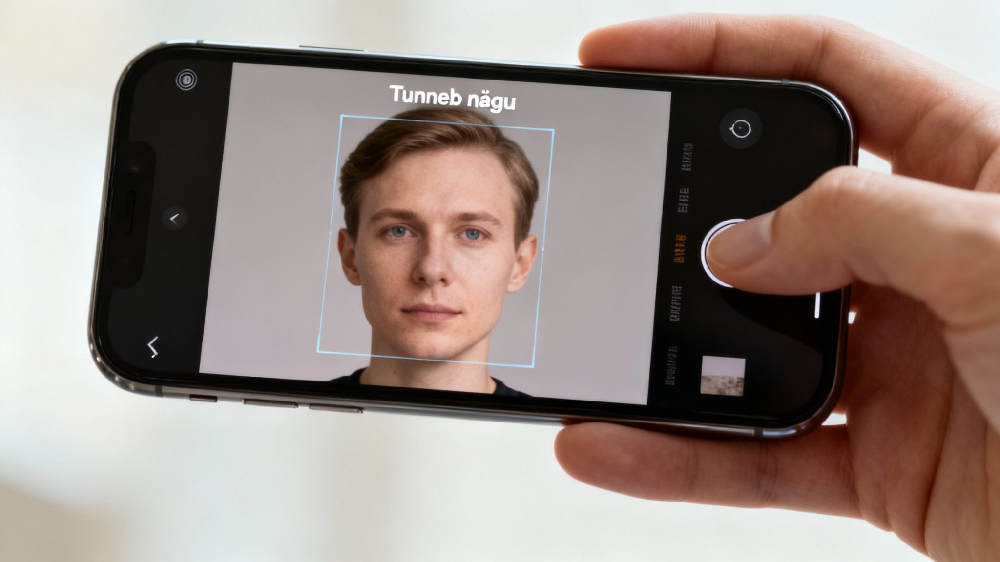 Käsi hoiab iPhone'i, mille ekraanil on näotuvastusfunktsioon, mis tunneb ära mehe näo.