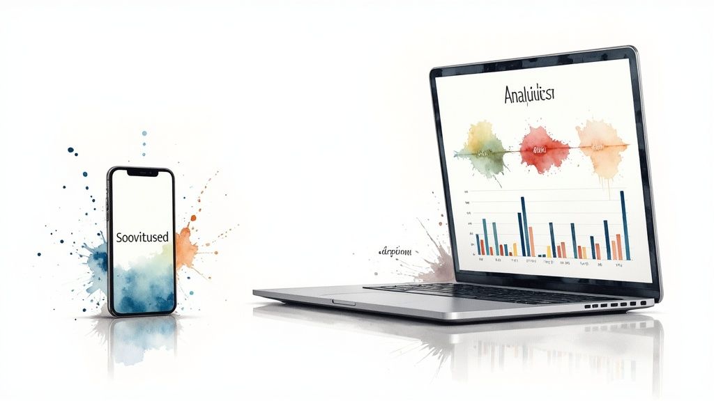 Nutitelefon ja sülearvuti andmete visualiseerimisega akvarelli stiilis valgel taustal.