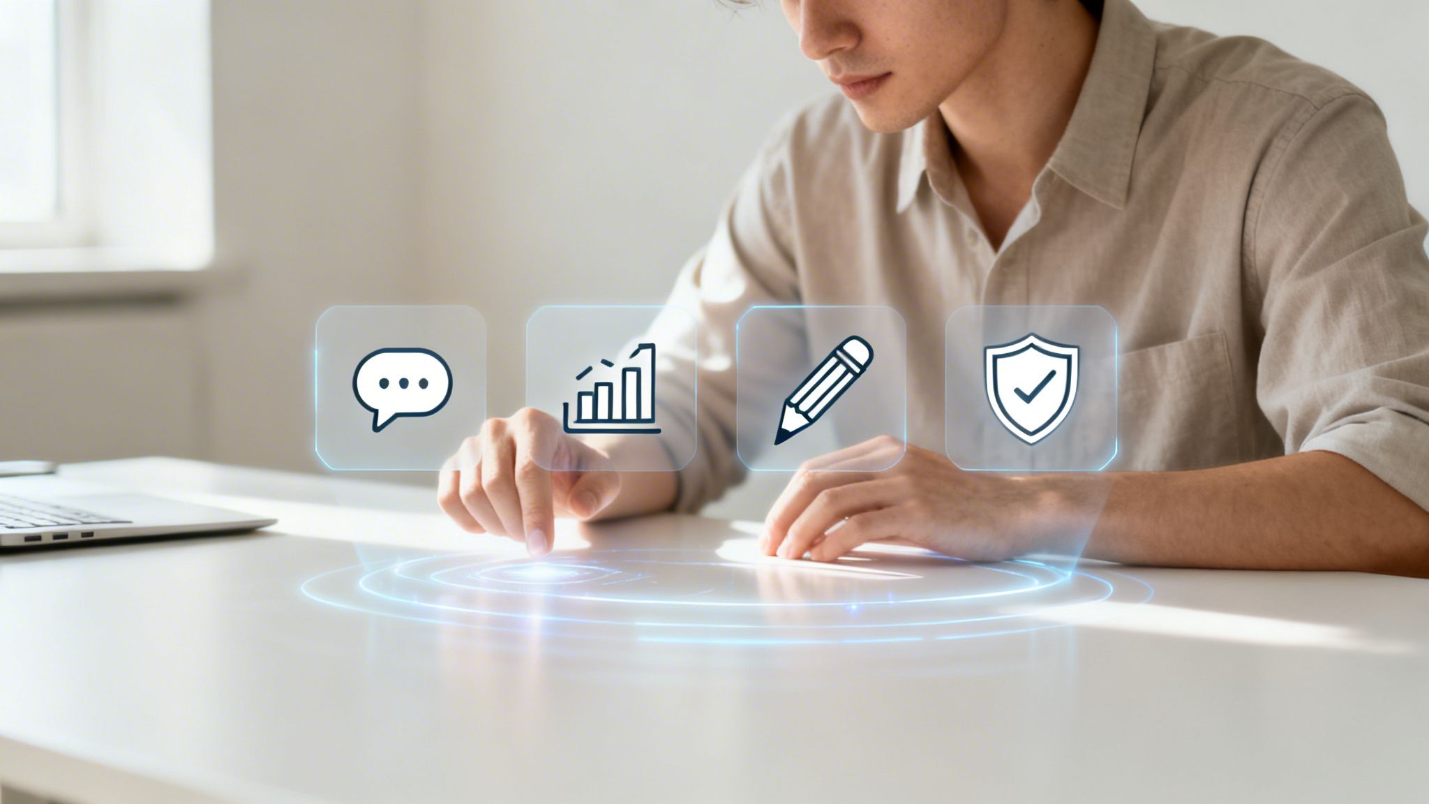 inimene kasutab arvutit ja hologramm-sümboleid AI automatiseerimine