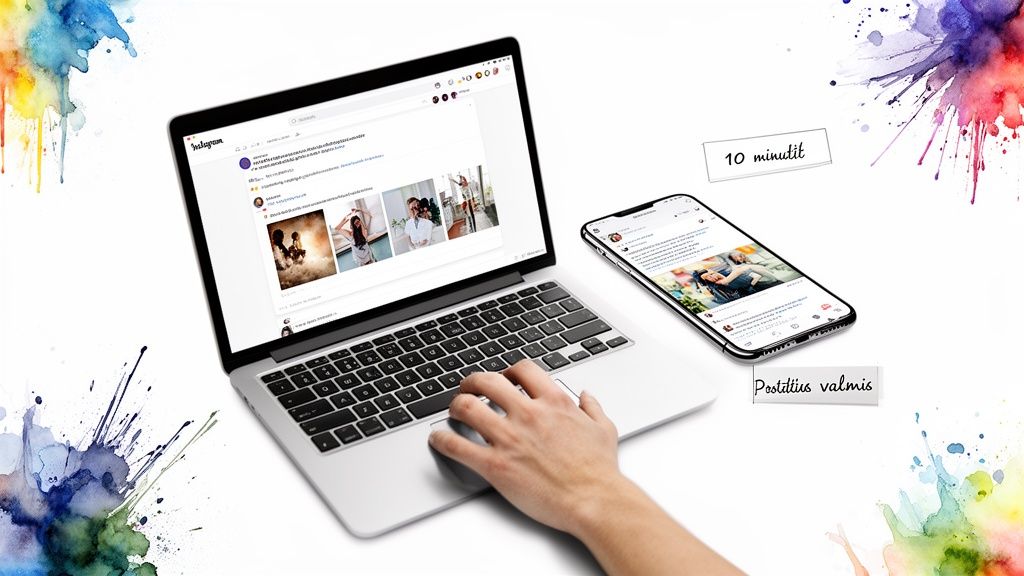 Inimene kasutab sülearvutit ja telefoni Instagrami postituse loomiseks. Märkmed näitavad kiiret valmimist.